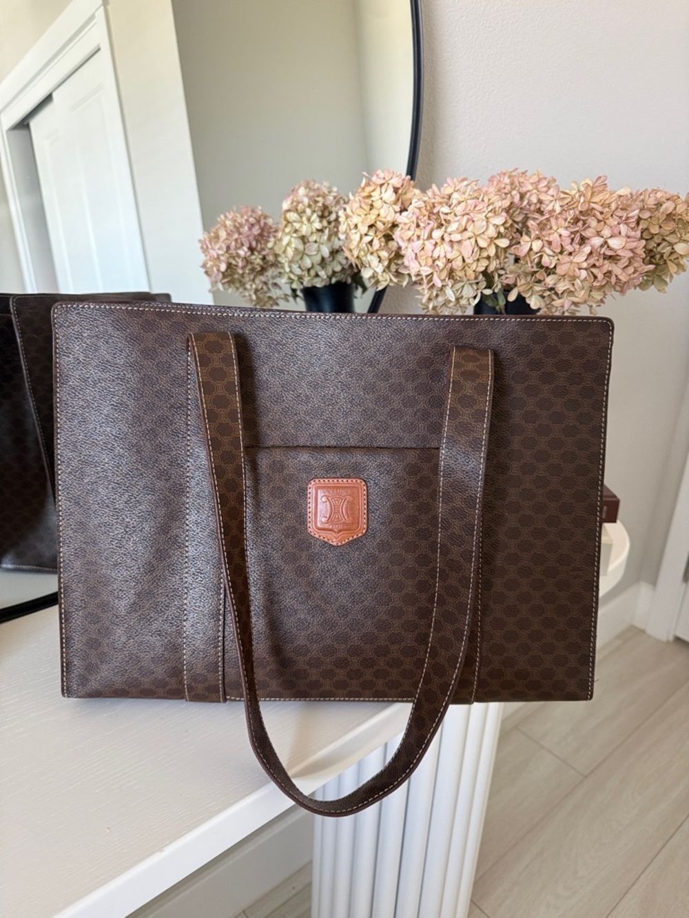 Celine Brown Monogram Tote with Tan Leather Patch